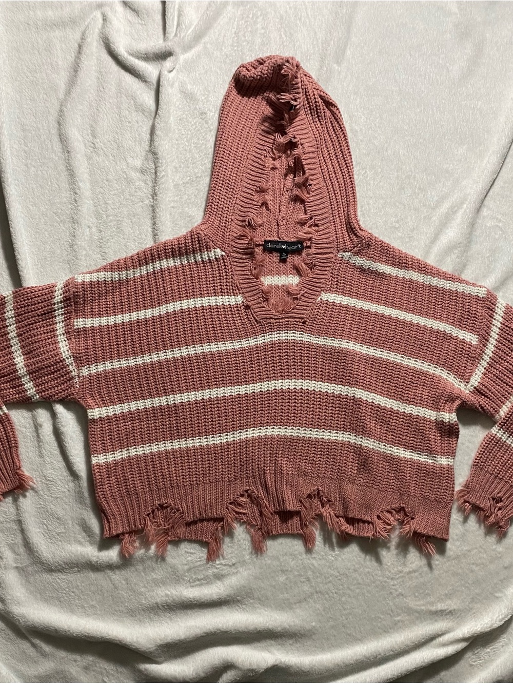 Derek Heart Distressed Striped Hoodie Sweater - Dusty Rose & Cream